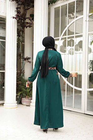 Leopar Detaylı Zümrüt Yeşili Tesettür Elbise 10246ZY