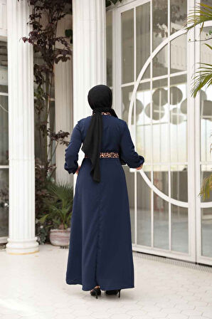 Leopar Detaylı Lacivert Tesettür Elbise 10246L