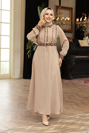 Leopar Detaylı Vizon Tesettür Elbise 10246V
