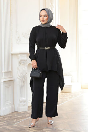 Asimetrik Kesim Siyah Tesettür İkili Takım 20253S