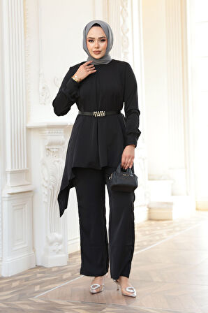 Asimetrik Kesim Siyah Tesettür İkili Takım 20253S