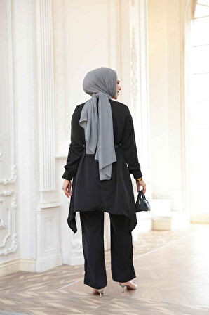 Asimetrik Kesim Siyah Tesettür İkili Takım 20253S