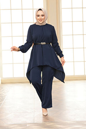 Asimetrik Kesim Lacivert Tesettür İkili Takım 20253L