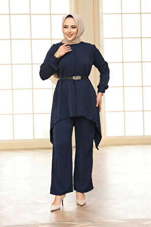 Asimetrik Kesim Lacivert Tesettür İkili Takım 20253L