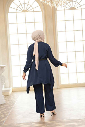 Asimetrik Kesim Lacivert Tesettür İkili Takım 20253L