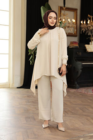 Asimetrik Kesim Bej Tesettür İkili Takım 20253BEJ