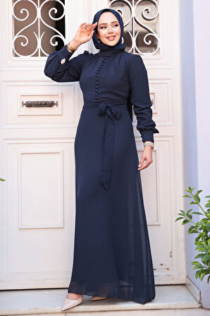 Düğme Detaylı Koyu Lacivert Tesettür Elbise 2703KL