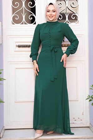 Düğme Detaylı Zümrüt Yeşili Tesettür Elbise 2703ZY