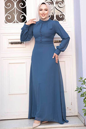 Düğme Detaylı Açık Lacivert Tesettür Elbise 2703AL