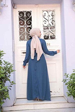 Düğme Detaylı Açık Lacivert Tesettür Elbise 2703AL