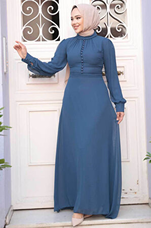 Düğme Detaylı Açık Lacivert Tesettür Elbise 2703AL