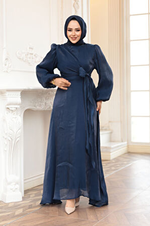 Yandan Bağlamalı Lacivert Tesettür Abiye Elbise 62191L