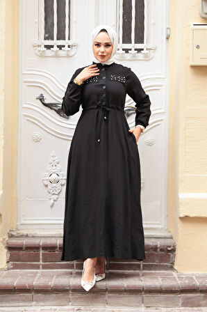 Düğmeli Siyah Tesettür Elbise 17131S