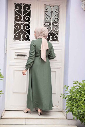 Düğmeli Haki Tesettür Elbise 17131HK
