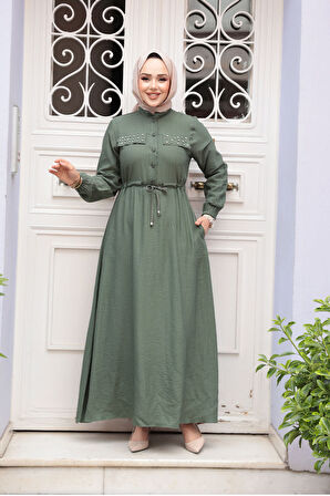 Düğmeli Haki Tesettür Elbise 17131HK