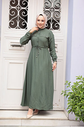 Düğmeli Haki Tesettür Elbise 17131HK