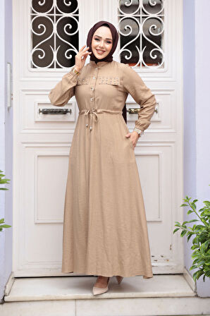 Düğmeli Bisküvi Tesettür Elbise 17131BS