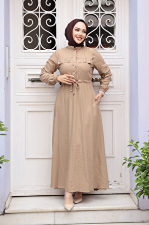 Düğmeli Bisküvi Tesettür Elbise 17131BS