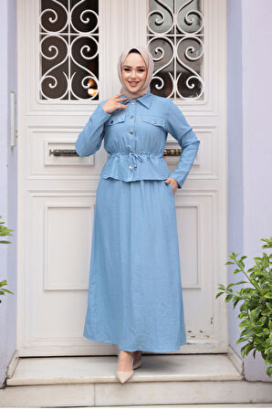 Ceketli Mavi Tesettür Elbise İkili Takım 44651M