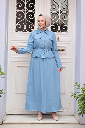 Ceketli Mavi Tesettür Elbise İkili Takım 44651M