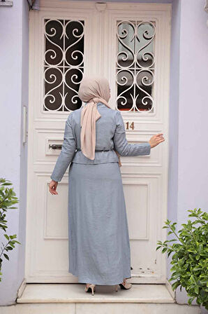 Ceketli Gri Tesettür Elbise İkili Takım 44651GR