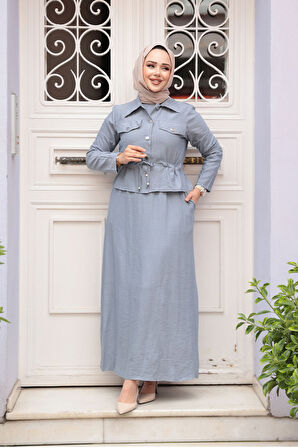 Ceketli Gri Tesettür Elbise İkili Takım 44651GR