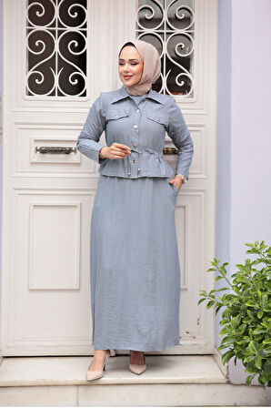 Ceketli Gri Tesettür Elbise İkili Takım 44651GR