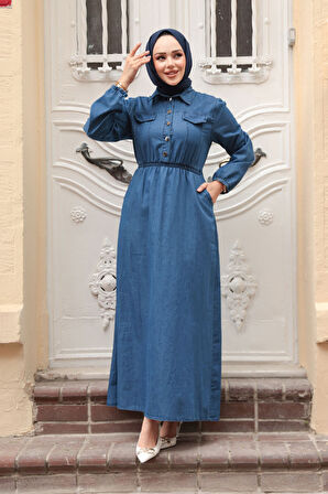 Cep Detaylı Lacivert Tesettür Kot Elbise 717L