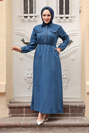 Cep Detaylı Lacivert Tesettür Kot Elbise 717L