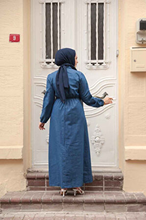 Cep Detaylı Lacivert Tesettür Kot Elbise 717L