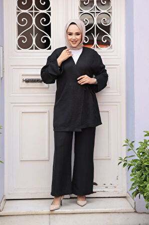 Yandan Bağlama Detaylı Siyah Tesettür İkili Takım 50183S