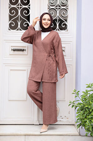 Yandan Bağlama Detaylı Kahverengi Tesettür İkili Takım 50183KH