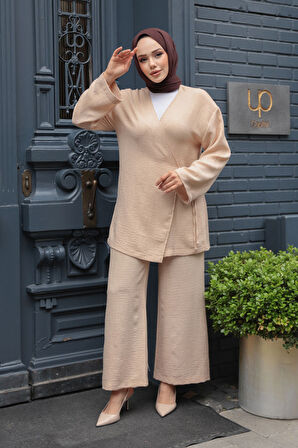 Yandan Bağlama Detaylı Bej Tesettür İkili Takım 50183BEJ
