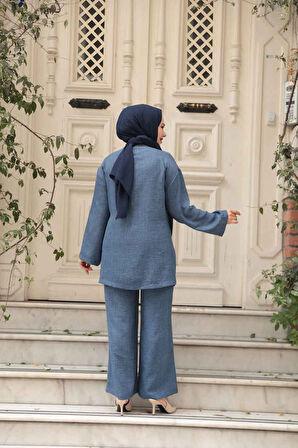 Yandan Bağlama Detaylı İndigo Mavisi Tesettür İkili Takım 50183IM