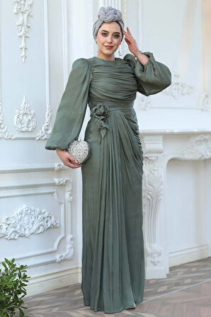 Drape Detaylı Çağla Yeşili Tesettür Abiye Elbise 51203CY