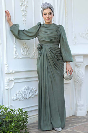 Drape Detaylı Çağla Yeşili Tesettür Abiye Elbise 51203CY