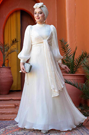 Bağlama Detaylı Bej Tesettür Abiye Elbise 52223BEJ