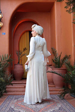 Bağlama Detaylı Bej Tesettür Abiye Elbise 52223BEJ