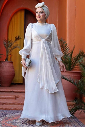 Bağlama Detaylı Taş Tesettür Abiye Elbise 52223TAS