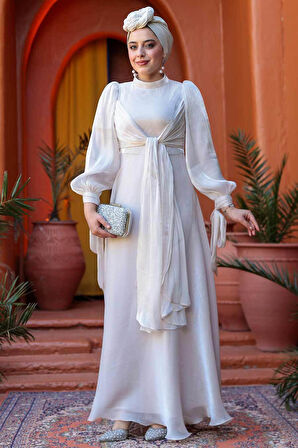 Bağlama Detaylı Taş Tesettür Abiye Elbise 52223TAS