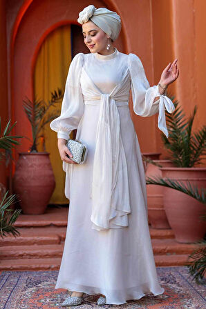 Bağlama Detaylı Taş Tesettür Abiye Elbise 52223TAS