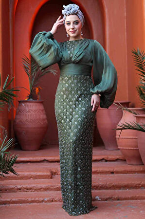 Boncuk İşlemeli Çağla Yeşili Tesettür Abiye Elbise 4961CY