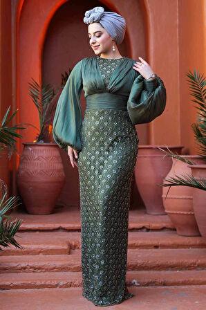 Boncuk İşlemeli Çağla Yeşili Tesettür Abiye Elbise 4961CY