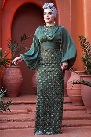 Boncuk İşlemeli Çağla Yeşili Tesettür Abiye Elbise 4961CY