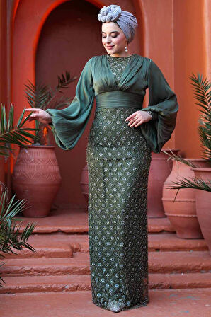 Boncuk İşlemeli Çağla Yeşili Tesettür Abiye Elbise 4961CY