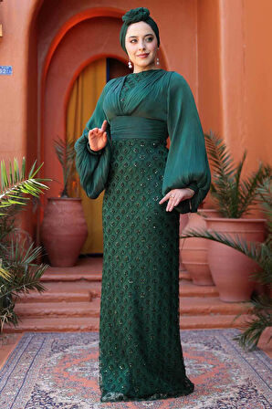 Boncuk İşlemeli Zümrüt Yeşili Tesettür Abiye Elbise 4961ZY