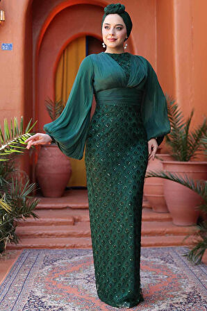 Boncuk İşlemeli Zümrüt Yeşili Tesettür Abiye Elbise 4961ZY