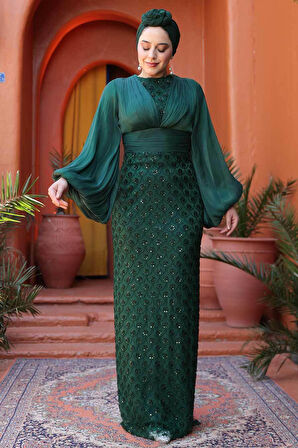 Boncuk İşlemeli Zümrüt Yeşili Tesettür Abiye Elbise 4961ZY