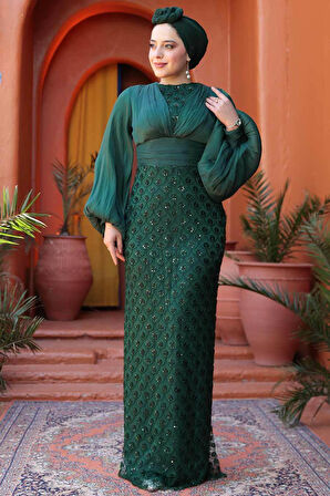 Boncuk İşlemeli Zümrüt Yeşili Tesettür Abiye Elbise 4961ZY