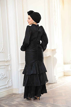 Fırfır Detaylı Siyah Tesettür Abiye Elbise 50271S